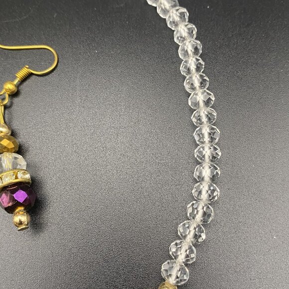 Necklace 16" Choker Gold Tone 3 Strand Beads Purple Dangle  Earrings Bridal Prom - Picture 5 of 6